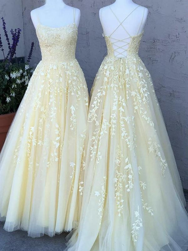 Backless Yellow Tulle Long Lace Prom ...